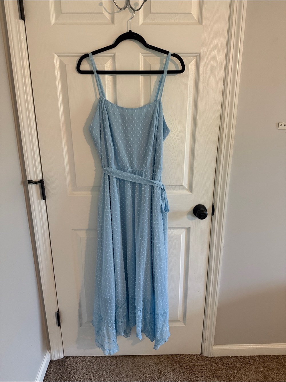 City Chic Pale Blue Swiss Dot Maxi Dress with Waist Tie